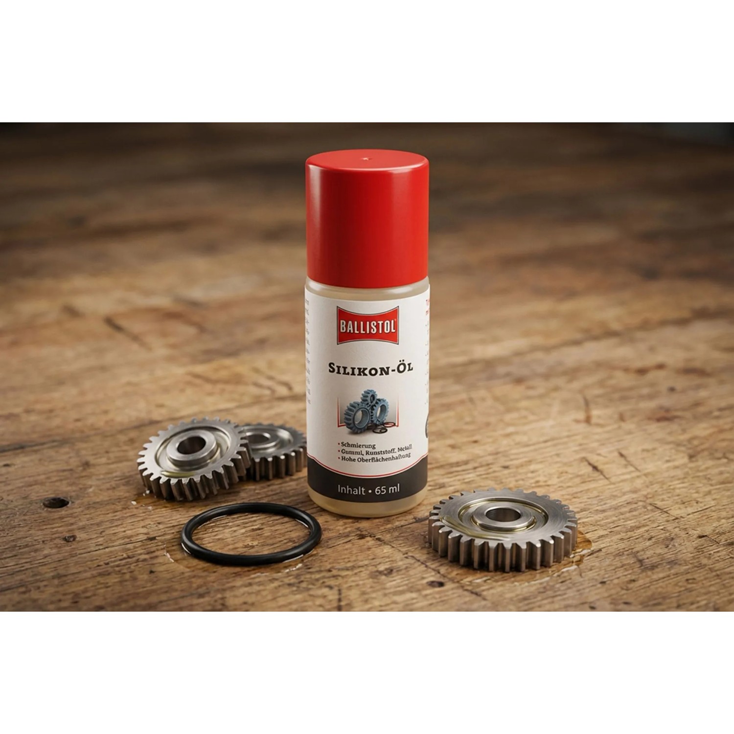 Ballistol Silikon-Öl Spray 65 ml Flasche mit Zahnrädern & O-Ring auf Holz. Schmiermittel für Gummi, Kunststoff, Metall.