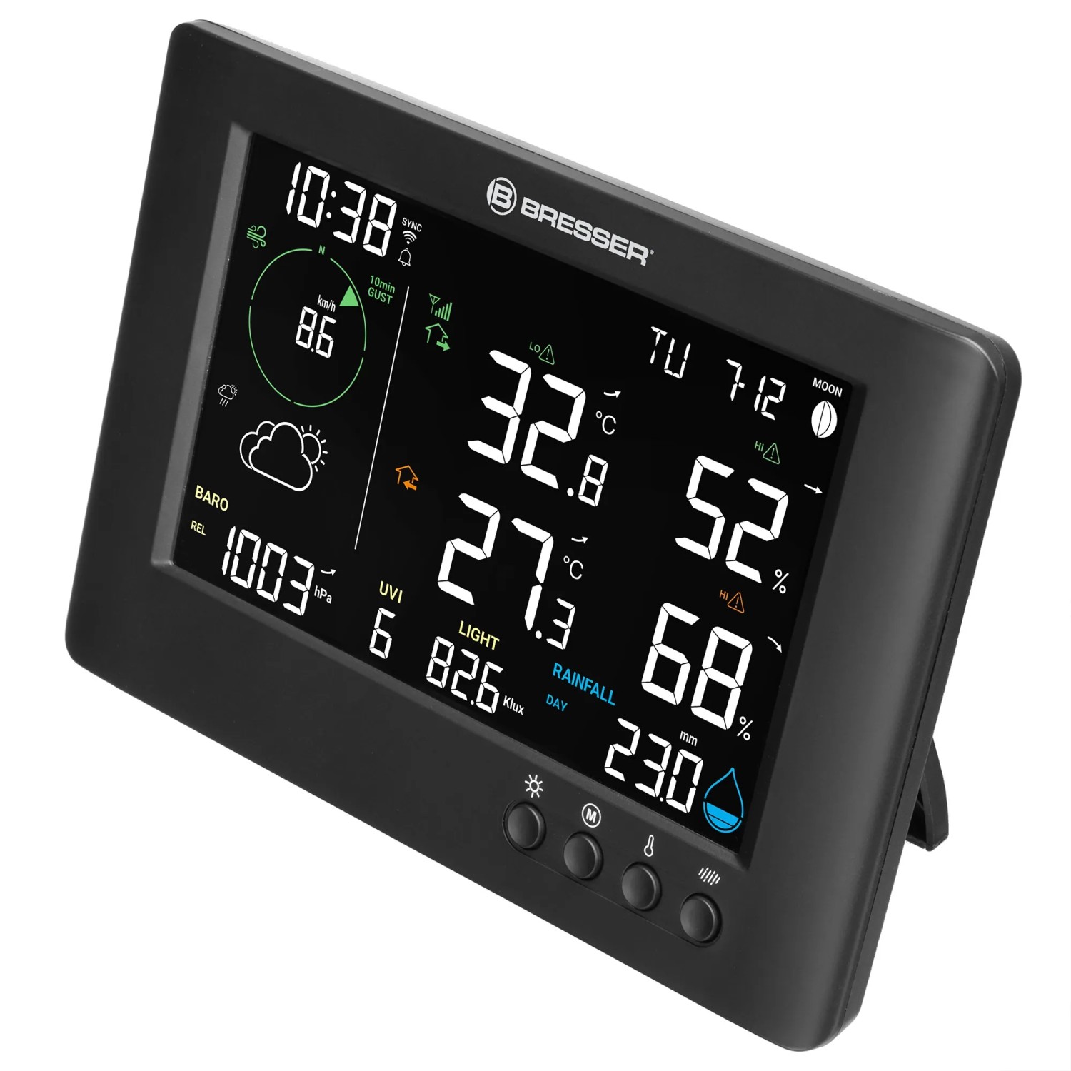 Schwarze Bresser WLAN-Funk-Wetterstation TB 7-in-1 mit Display für Wetterdaten.