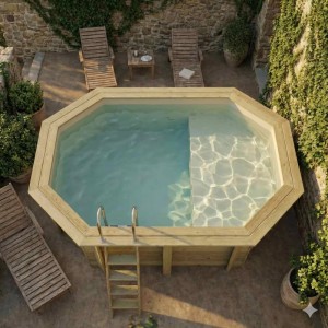 ALTANKA Holzpool Nemo 4,3x3 Höhe 1,31 m SANDFARBEN mit Liegefläche mit am Beton Verschraubten Stützen BAS7303OSPL3+PLA303