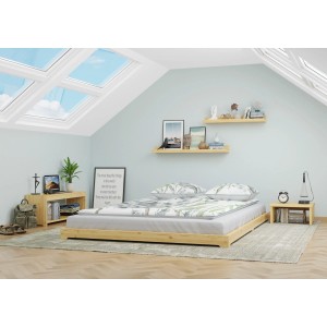 Extra niedriges Futonbett aus Kiefer Massivholz, 140x200 cm mit Rollrost.