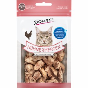 Dokas Hühnerherzen, gefriergetrocknet, 15g Packung. Natürlicher Hunde-Snack im wiederverschließbaren Beutel.