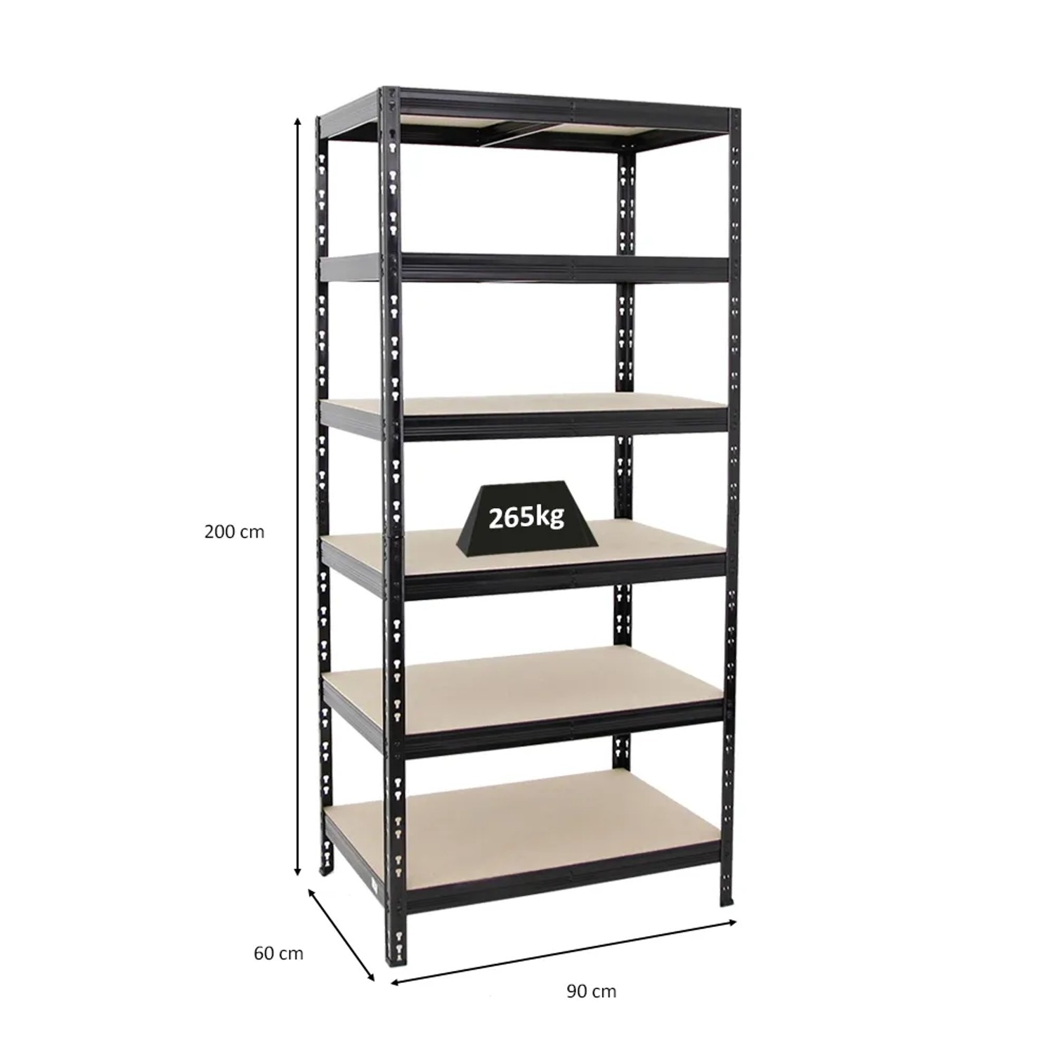 Schwarzes PROREGAL Schwerlastregal Giant Tiger mit 6 Ebenen, 200x90x60 cm, Fachlast 265 kg.