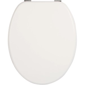 Weißer WC-Sitz Venezia mit Holzkern und Metallscharnieren, hygienische Oberfläche.