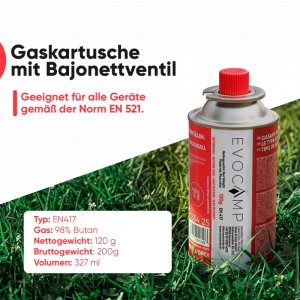 Evocamp Gaskartusche 4x 120g Butangas Kartusche für Campingkocher und Gasbrenner mit Selbstdichtendem Bajonettventil