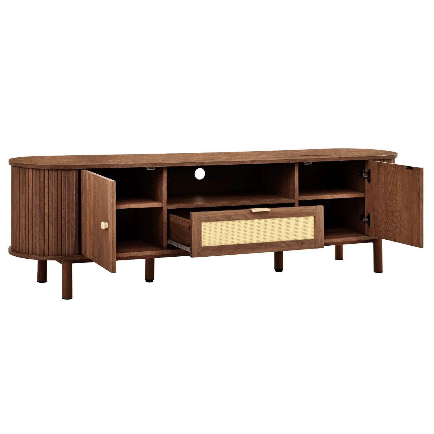okwish TV Schrank mit Rattan Schubladen Offenen Fächern Metallbeinen 175x36x51cm Braun
