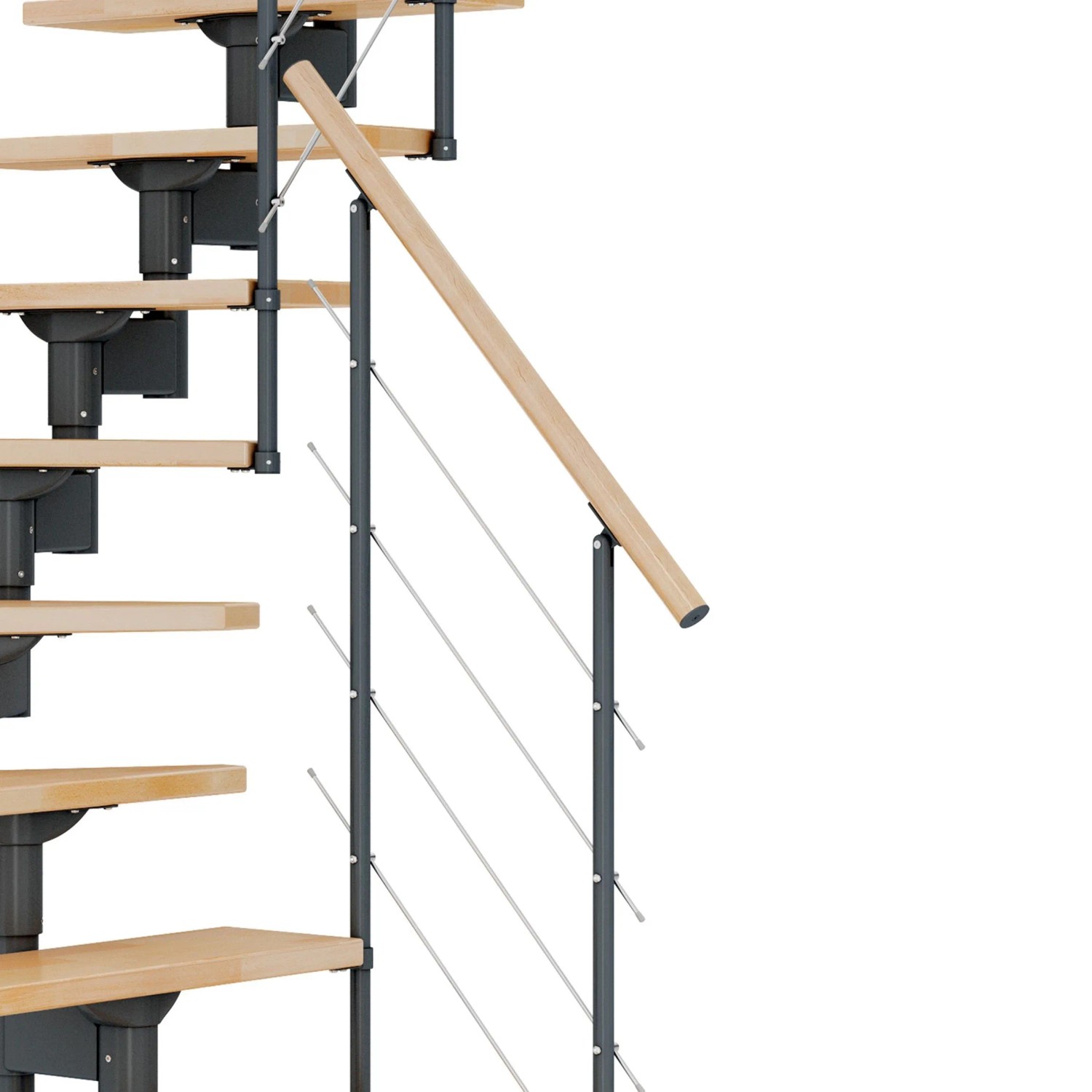 Dolle Mittelholmtreppe Boston mit Buchenstufen und anthrazitfarbenem Metallgeländer.