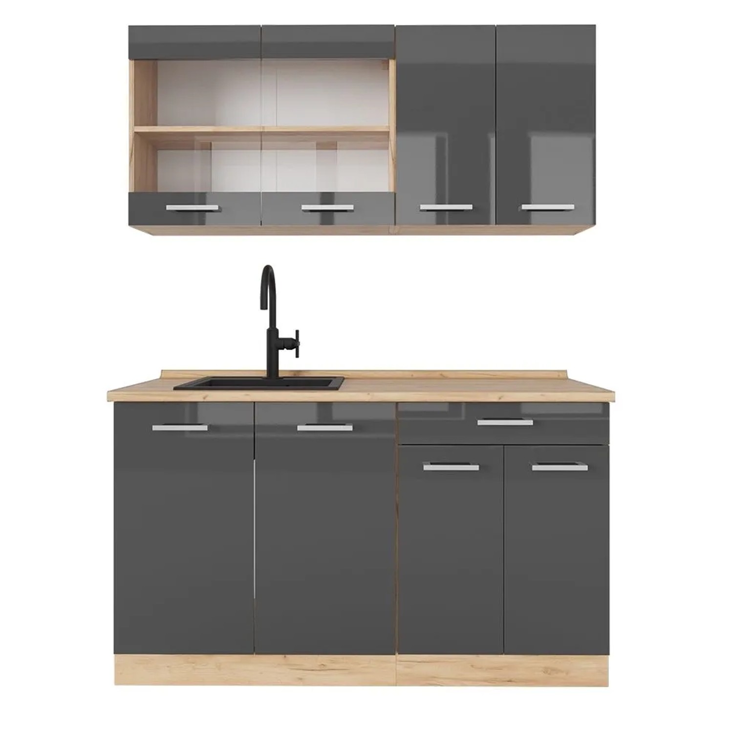 Vicco R-Line Singleküche Anthrazit Hochglanz Goldkraft Eiche 140 cm ohne Arbeitsplatte ohne E-Geräte