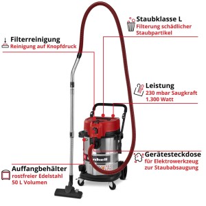 Einhell Nass-Trockensauger TE-VC 5090 SACL, rot/silber, 50L Edelstahl, 1300W, Staubklasse L, Filterreinigung, Gerätesteckdose.