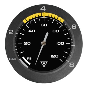 Topeak Standpumpe Transformer Urban EX Manometer. Schwarze Druckanzeige mit weißer Skala für Bar und PSI, gelber Bereich.