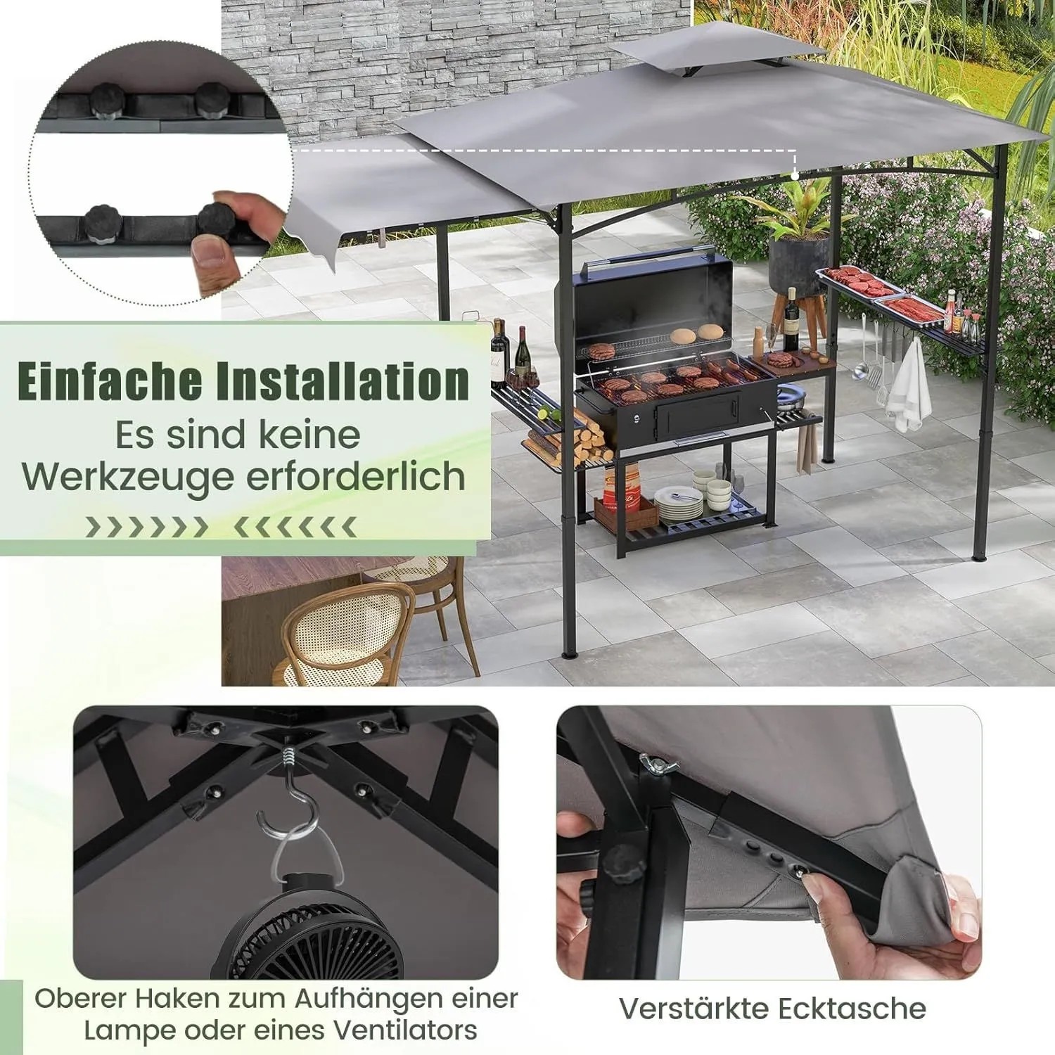 Costway Grillpavillon mit Seitenmarkise Doppeldach 318x153x250 cm Grau_6