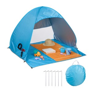 Relaxdays Strandmuschel Polyester Stahl Blau Pop Up UV Schutz 110 cm x 140 cm x 145 cm
