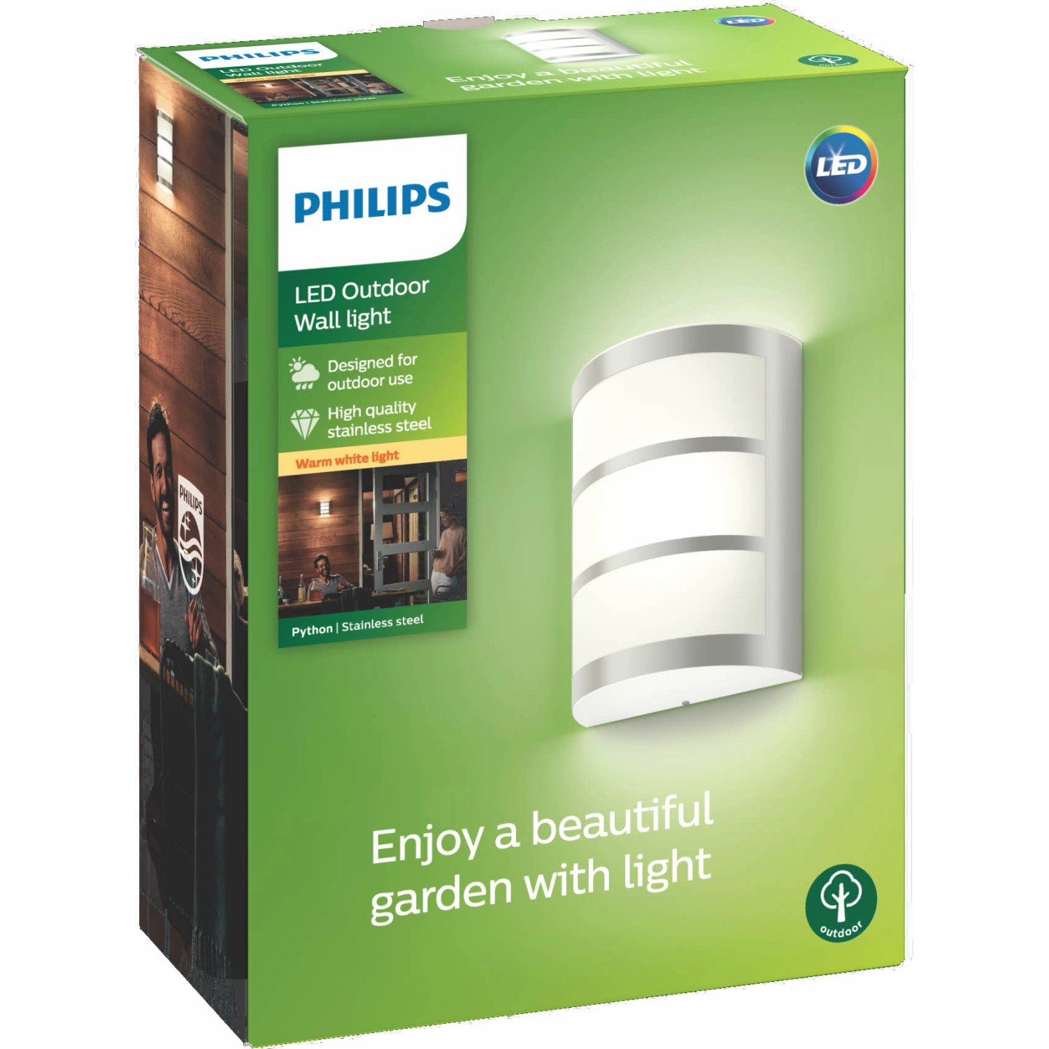 Philips LED-Außenwandleuchte Python aus Edelstahl, warmweißes Licht.
