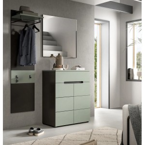 Inn.Furn Garderoben-Set Cooper, 3-teilig, Salbei/Grau, 140 cm. Garderobe mit Spiegel, Paneel und Schuhkommode.