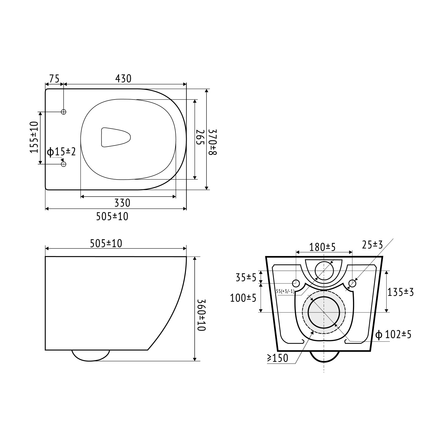Technische Zeichnung des weißen, spülrandlosen baliv Wand WC-Sets Kingston mit Maßen.