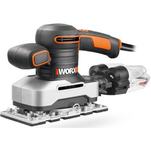 Worx Schwingschleifer WX642.1 mit Staubfangbox und Aluminium-Fußplatte.