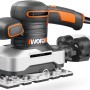 Worx Schwingschleifer WX642.1 mit Staubfangbox und Aluminium-Fußplatte.