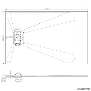 Technische Zeichnung der rechteckigen Aquabatos Duschwanne 140x90 cm mit Maßangaben.