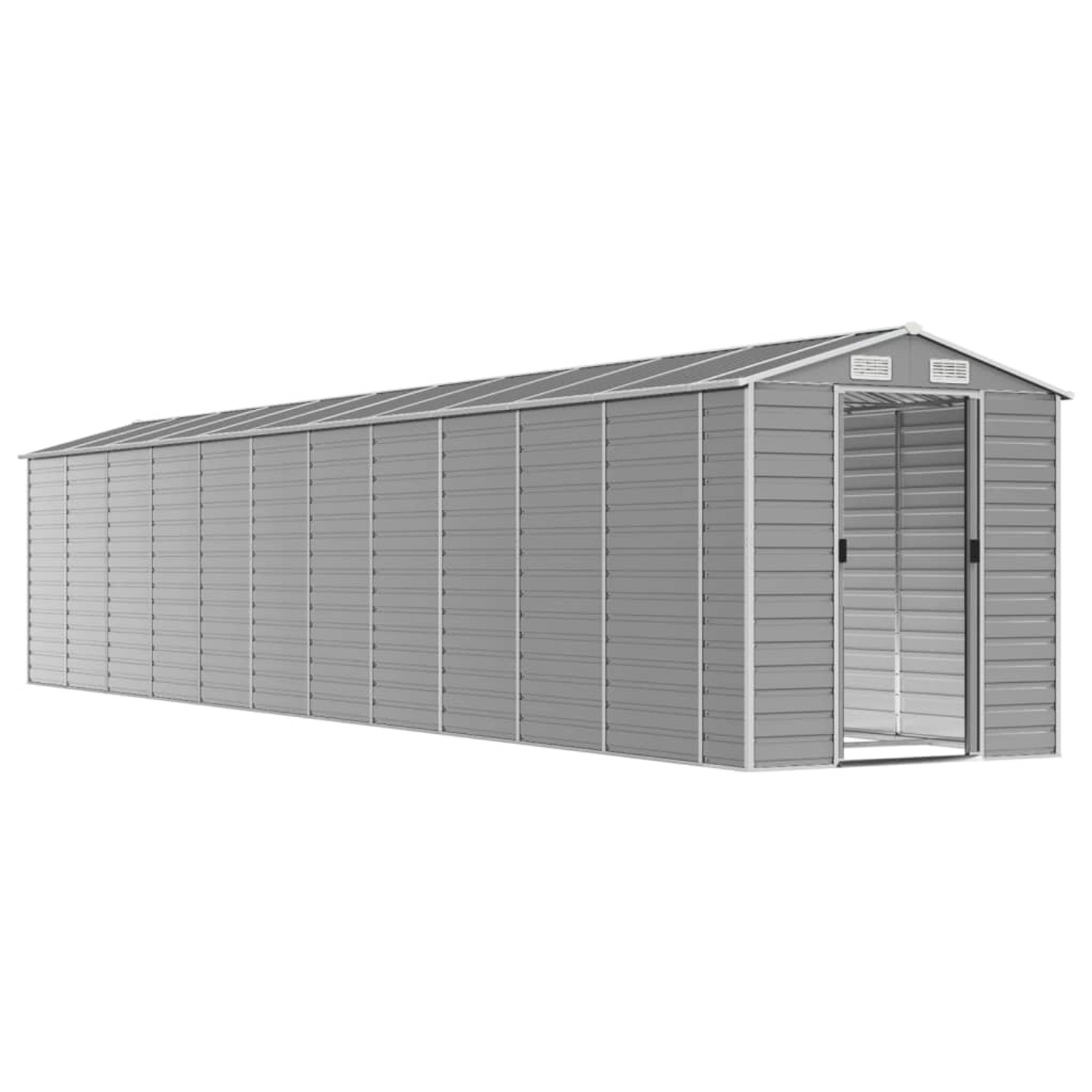 Hellgraues vidaXL Gerätehaus aus verzinktem Stahl, Gartenhaus mit Schrägdach und Tür.