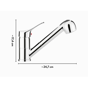 Chrom Küchenarmatur KI-5171 von baliv mit Geschirrbrause und Maßen.