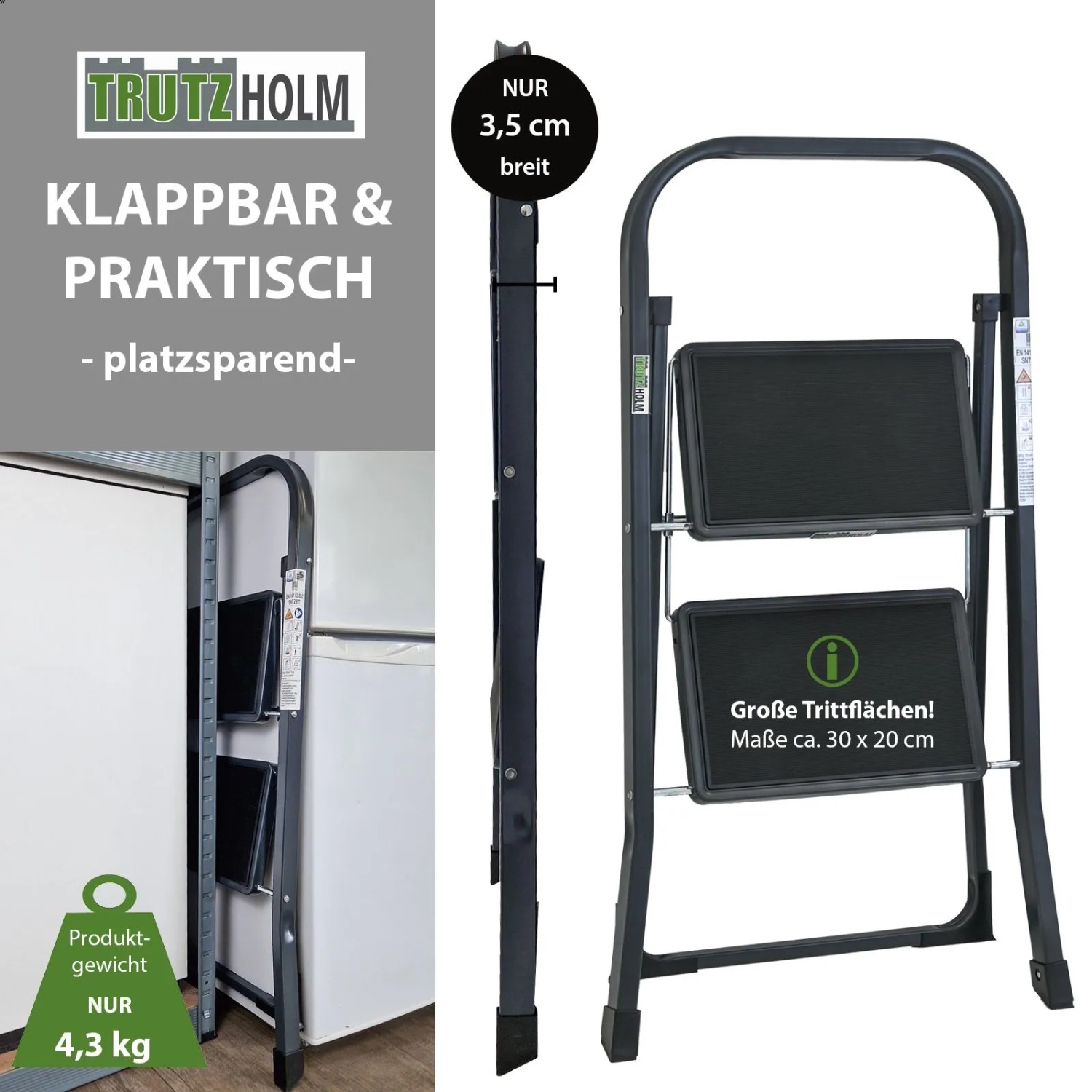Anthrazit TRUTZHOLM Klapptritt, 2 Stufen, mit Anti-Rutsch Trittflächen. Geklappt platzsparend, 3,5 cm schmal.