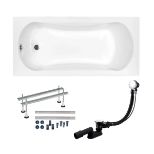 Weiße KOLMAN Rechteck-Badewanne 170x70 cm aus Acryl, inkl. Ablaufgarnitur und Füßen. Badewannen-Set.