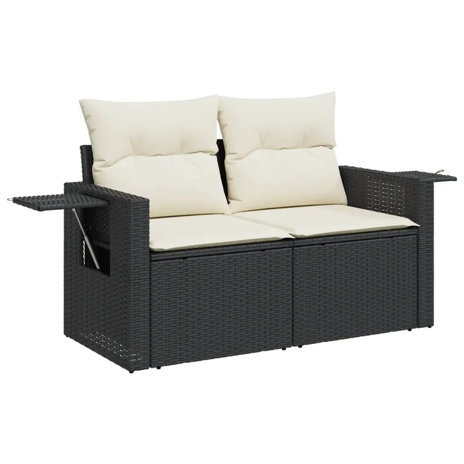 Schwarze 7-tlg. vidaXL Garten-Sofagarnitur aus Poly Rattan mit cremefarbenen Kissen.