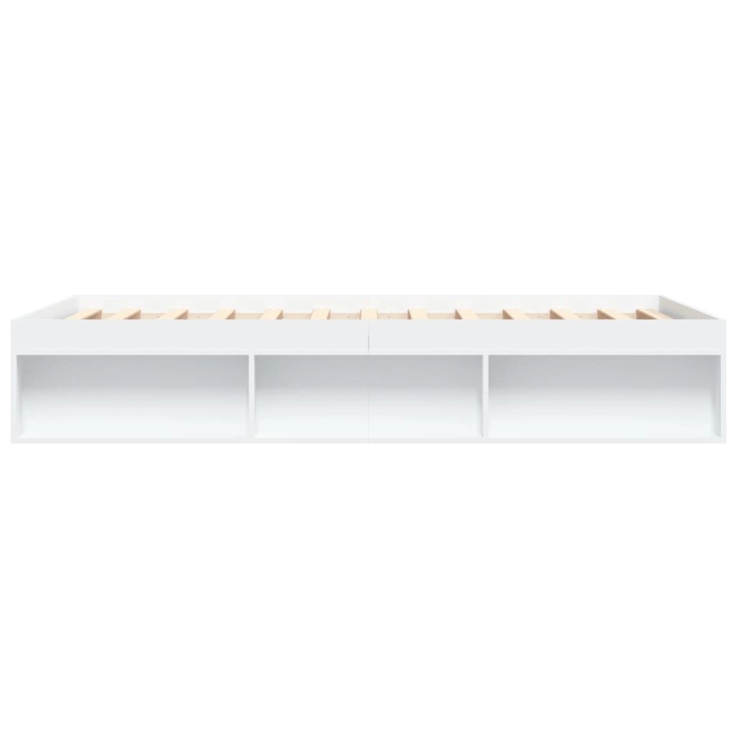 Weißes vidaXL Bettgestell (160x200 cm) mit Lattenrost und Stauraumfächern.