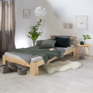 Homestyle4u Holzbett 90x200 cm mit Lattenrost in Braun. Kiefer massiv, klar lackiert.