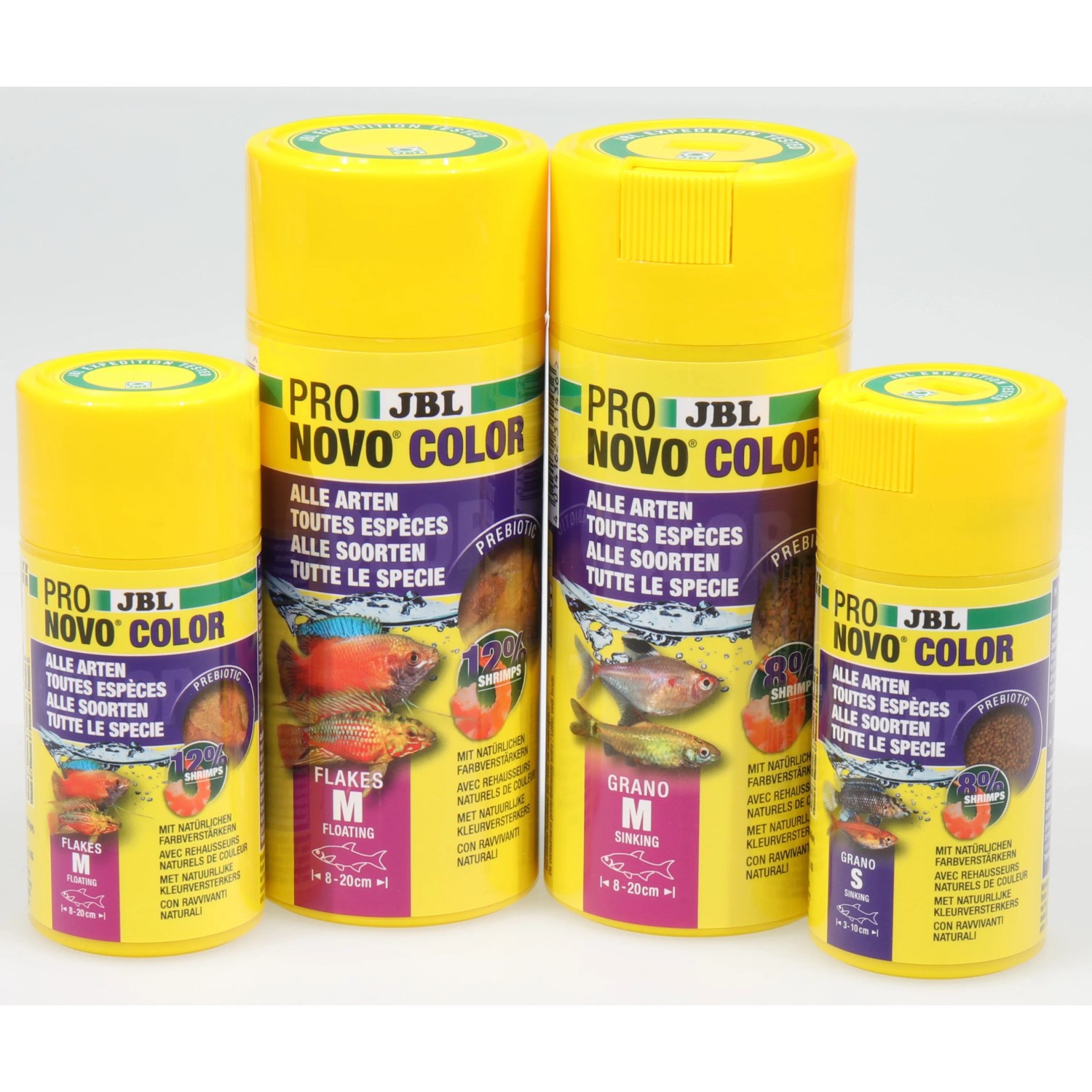 JBL Pronovo Color Grano S Fischfutter in gelber Dose, verschiedene Größen.