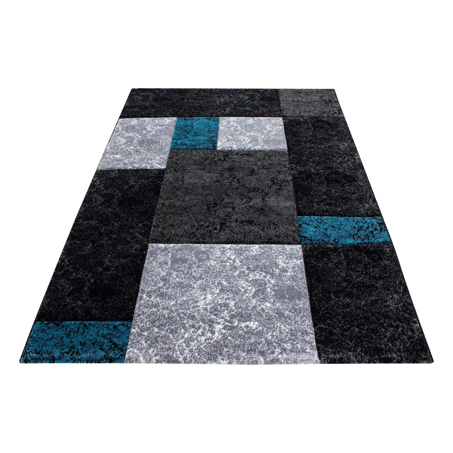 Türkiser Kurzflorteppich Hawaii 1330, 120x170 cm, mit modernem Karomuster für Wohnzimmer und Schlafzimmer.