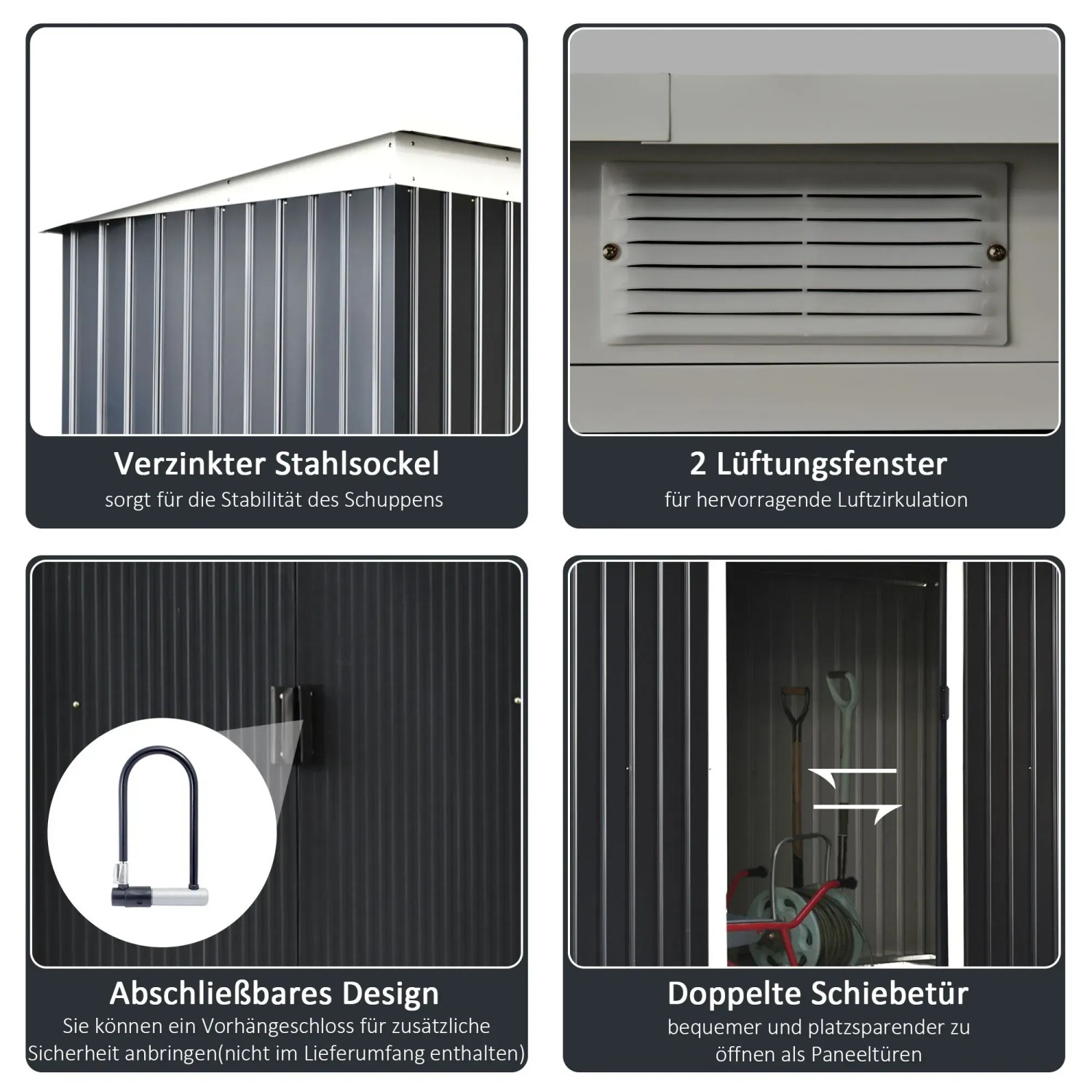 Detailansichten des Outsunny Gerätehauses mit Schiebetür: Stahlsockel, Lüftungsfenster, abschließbares Design, Schiebetür.