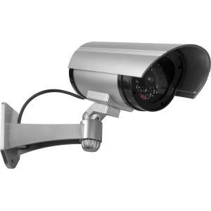 Silberne Kamera Attrappe mit LED zur Wandmontage, abschreckende Wirkung für Einbrecher.