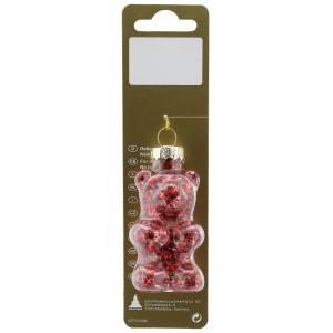 Roter Deko-Bärchen Baumbehang aus Glas, 4x8cm, mit Glitzersternen, zum Aufhängen.