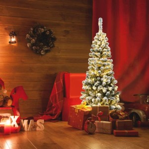 Costway Bleistift Weihnachtsbaum mit Schnee und Led-Leuchten 135cm