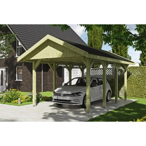 Grüner Satteldach-Carport Wallgau mit schwarzen Schindeln und Auto. Einzelcarport aus Holz.