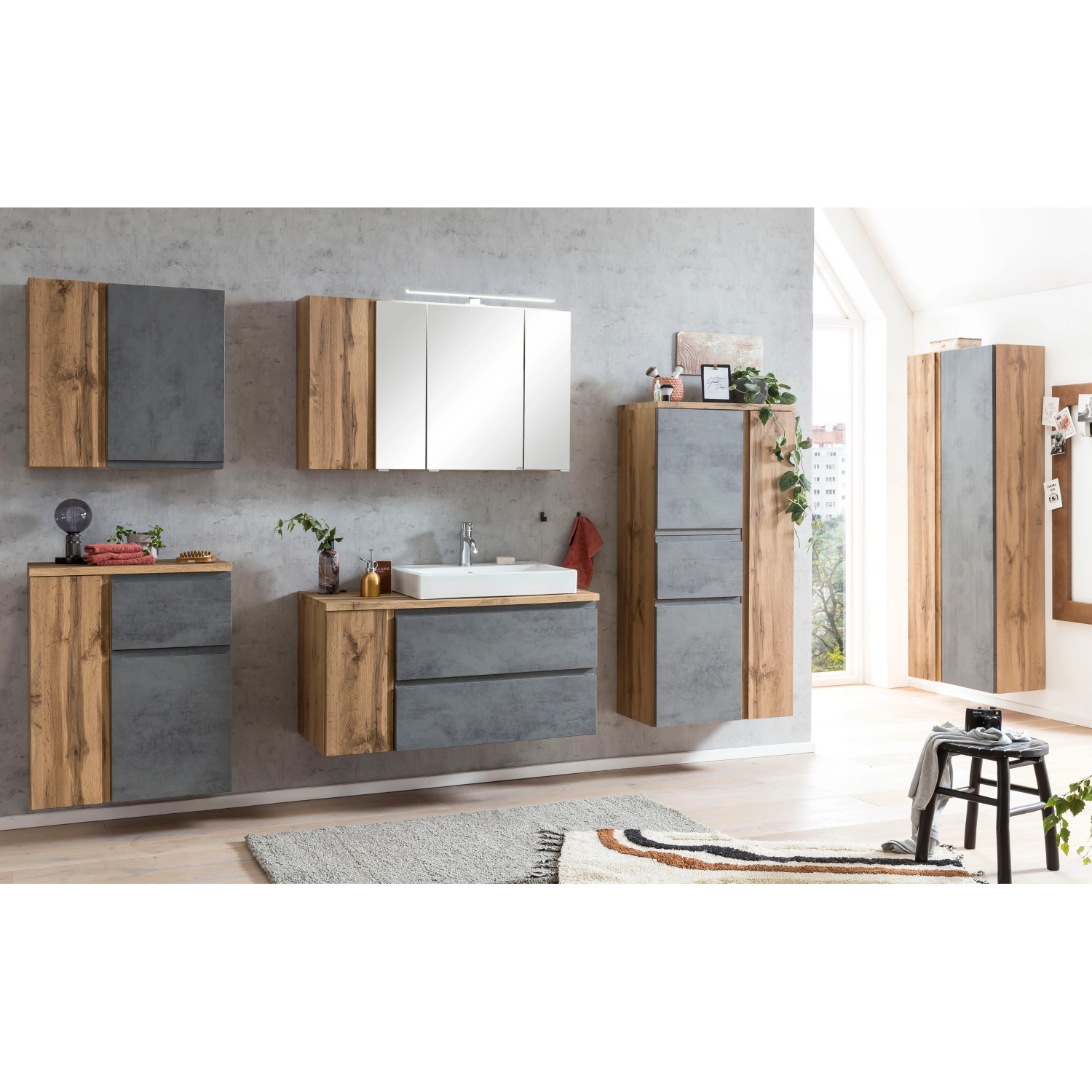 Held Möbel Hängeschrank Ancona, 65 cm, Betongrau-Wotaneiche, Teil eines Badmöbel-Sets.