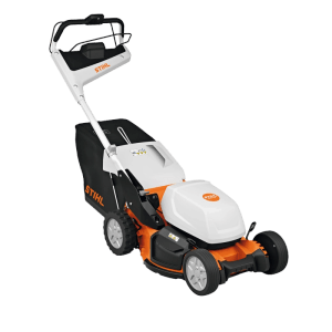 Stihl Akku-Rasenmäher RMA 750 V in Orange-Weiß mit Mono-Komfortlenker und Grasfangkorb.