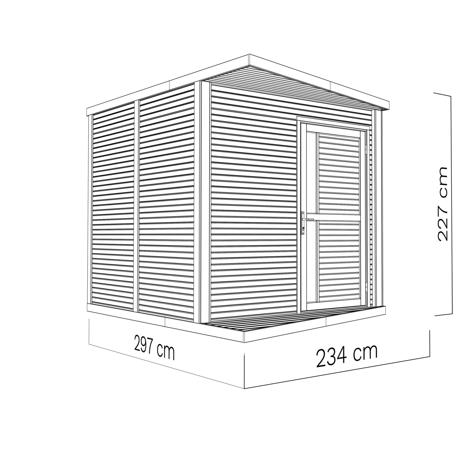 Anthrazitfarbenes Bertilo Gartenhaus Concept aus Holz, 297x234 cm, mit Maßangaben.