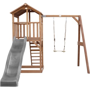 Axi Beach Tower Spielturm mit Schaukel und grauer Rutsche aus Holz.