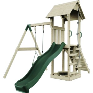 PolarPlay Spielturm Göteborg mit Babyschaukel und grüner Rutsche aus Holz.