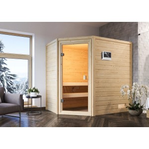 Woodfeeling Sauna Jella mit bronzierter Glastür und Ofen im Wohnraum.