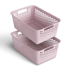 Zwei rosa ProHome Aufbewahrungskörbe (10L, 37x26 cm) aus Kunststoff, stapelbar.