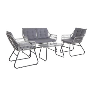 Helles Polyrattan Balkonmöbel-Set: 2 Sessel, Bank, Glastisch mit dunklen Kissen. Gartenlounge für 4 Personen.