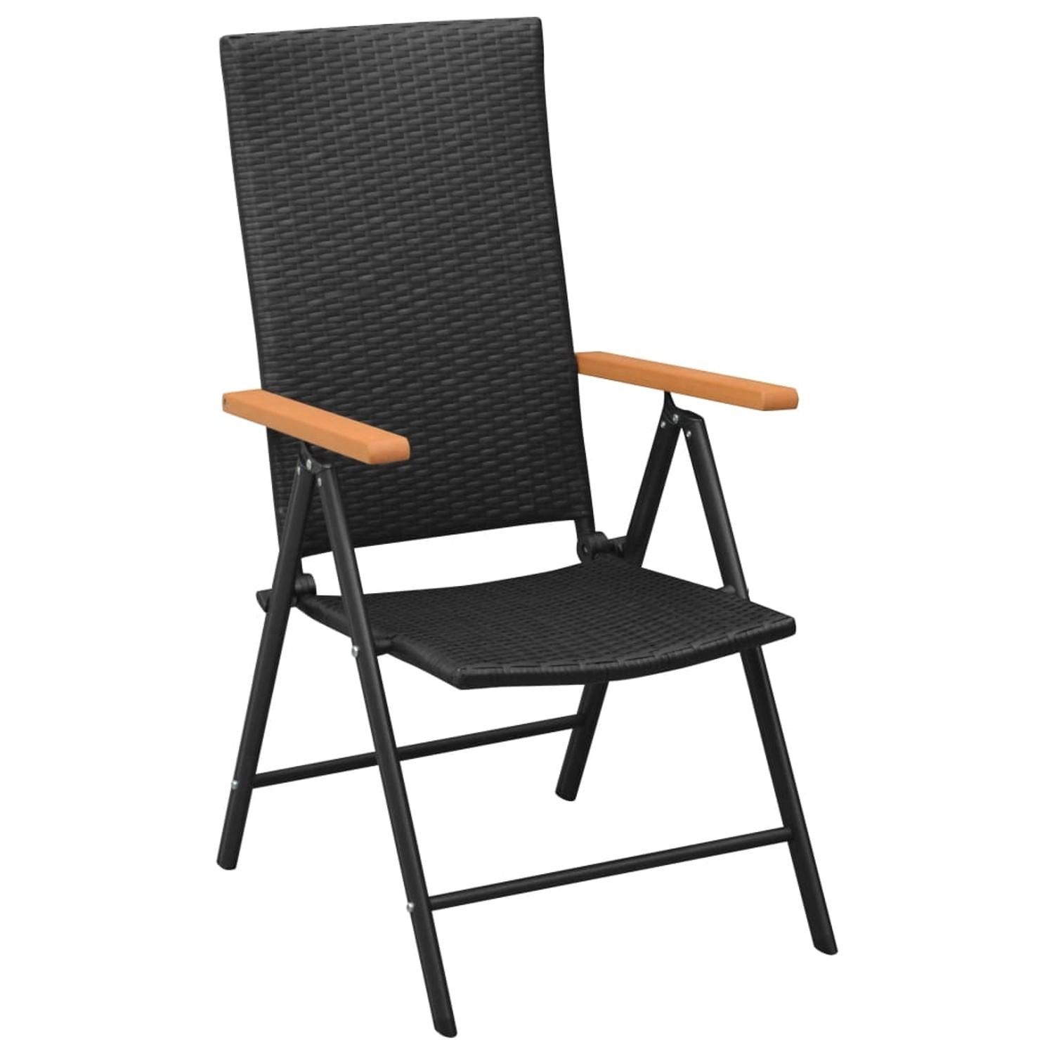 Schwarzer Gartenstuhl aus Rattan mit Holzarmlehnen, Teil der vidaXL Garten-Essgruppe.