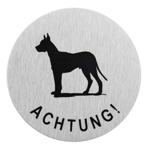 Selbstklebendes Hinweisschild aus Aluminium mit Hunde-Piktogramm und "Achtung!" Schriftzug.