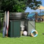 Grüne Metall Mülltonnenbox, offen, mit Stauraum für Outdoor-Ausrüstung im Garten. Ideal für 2 Mülltonnen.