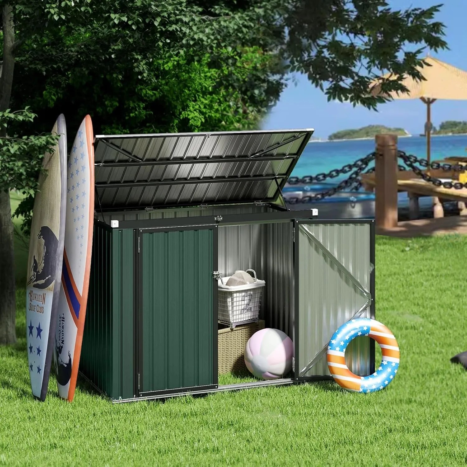 Grüne Metall Mülltonnenbox, offen, mit Stauraum für Outdoor-Ausrüstung im Garten. Ideal für 2 Mülltonnen.