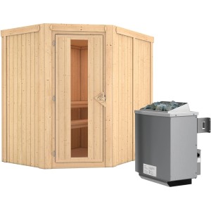 Karibu Sauna-Set Cleo mit Ofen (9 kW) und Energiespartür aus Fichte, inkl. Ofenschutzgitter.