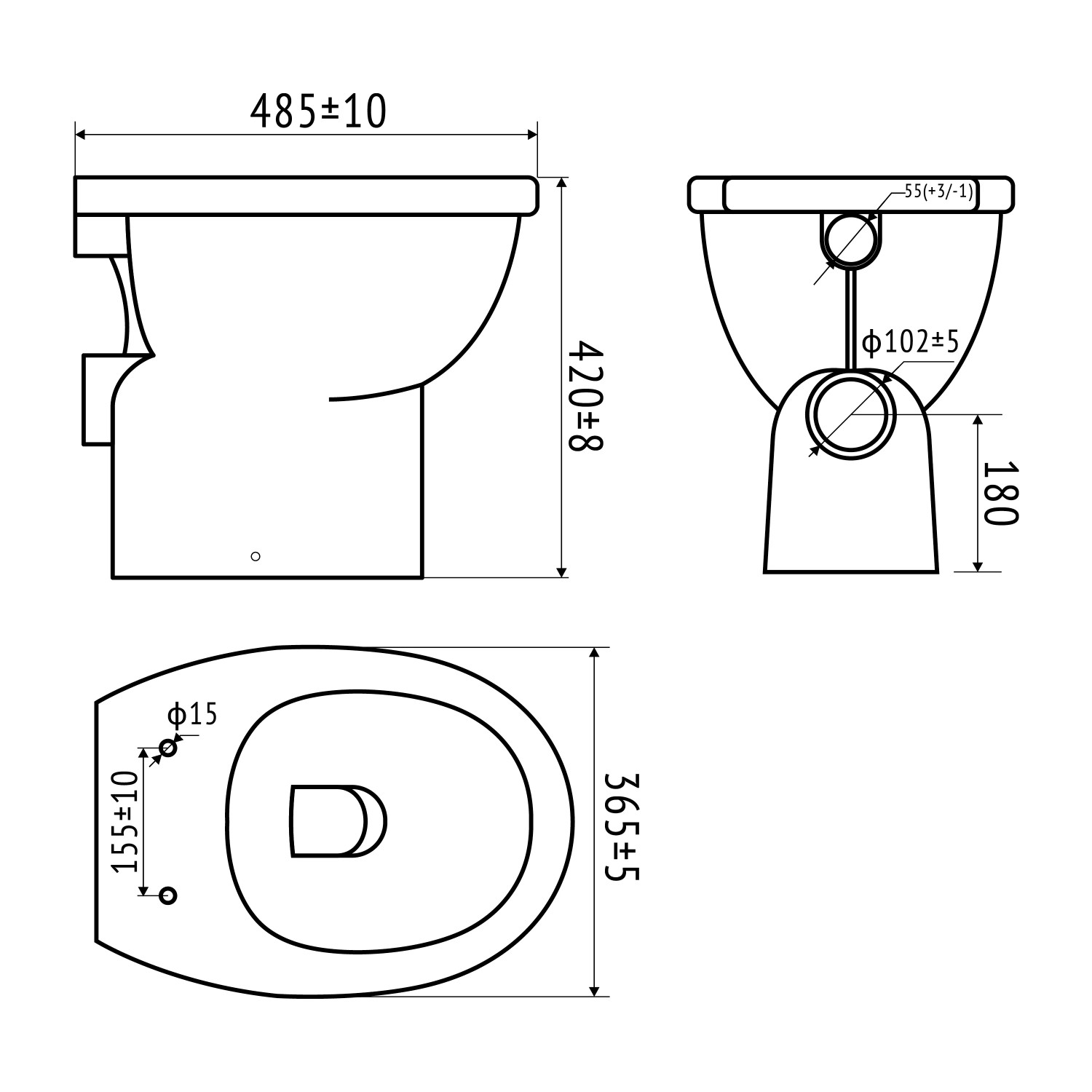 Technische Zeichnung: baliv Stand WC Glasgow, Tiefspüler, spülrandlos, Abmessungen und Details.