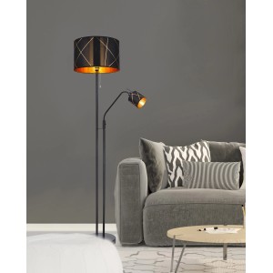 Schwarze Globo Stehleuchte Bemmo mit goldfarbener Innenseite und Leselampe.